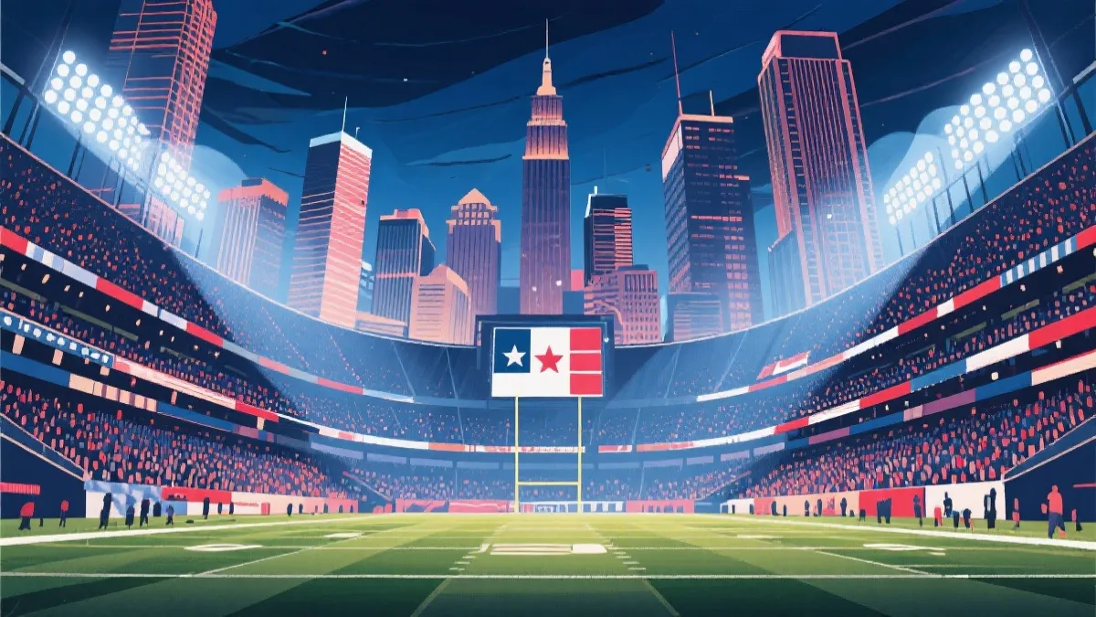 北美三国主办世界杯的足球氛围插画，球场与城市地标的融合